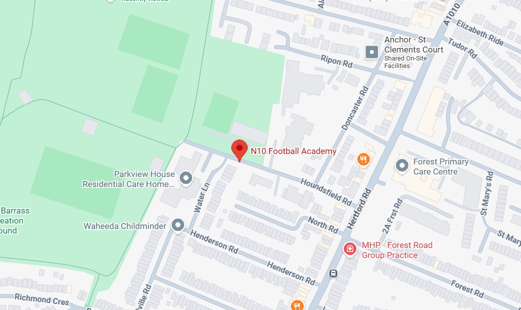 Map showing Jubilee Park training location, Houndsfield Road, Edmonton N9 7RA